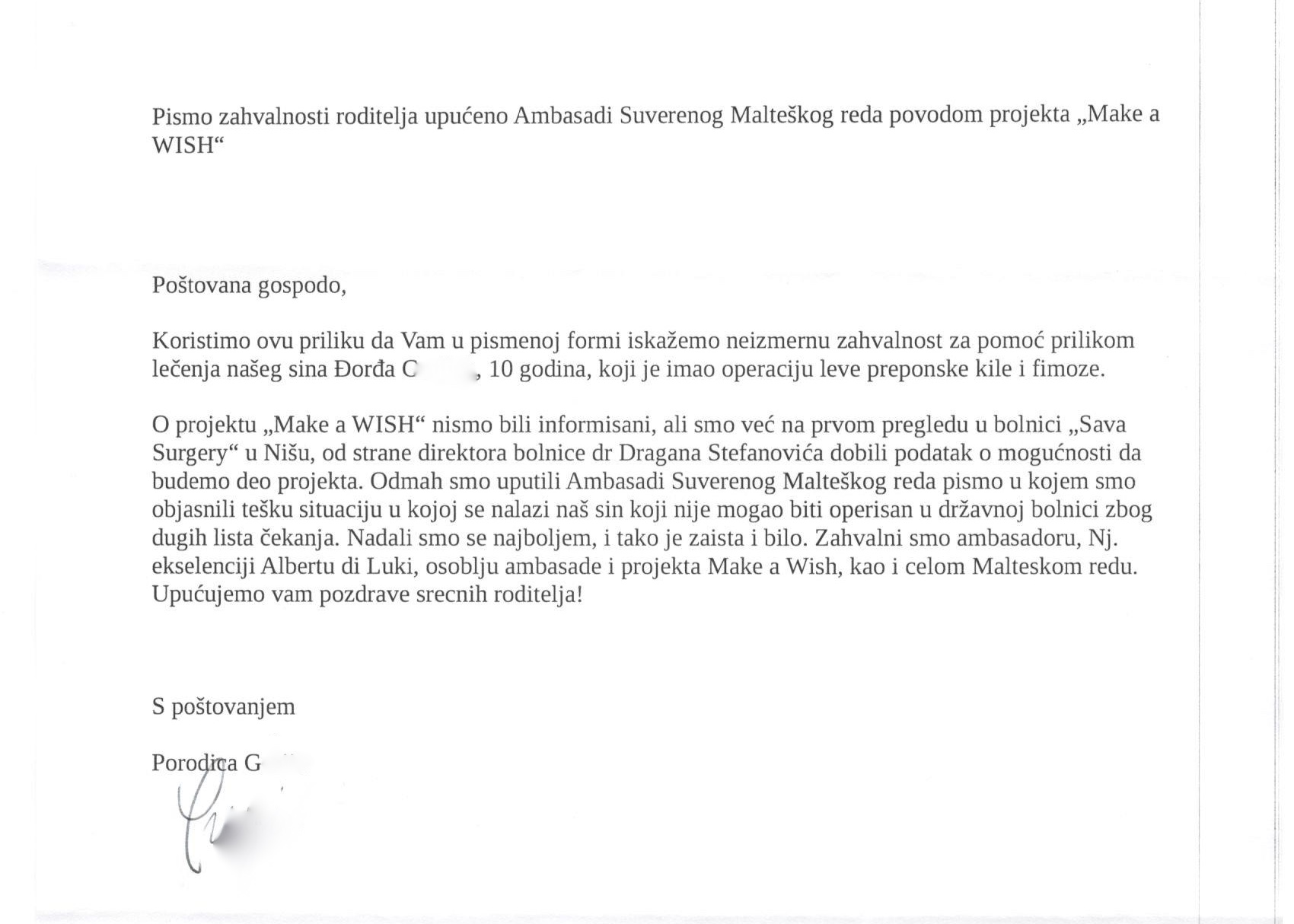 Ongoing surgical interventions of the “Make a WISH“ Project. A nice letter of thanks!